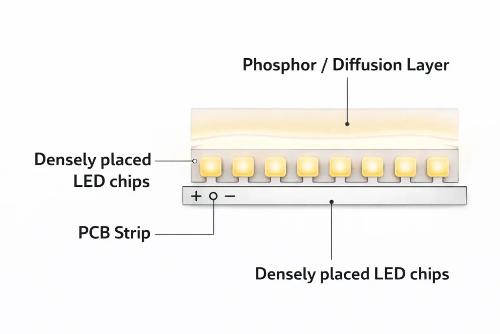 Simple diagram showing COB LED strip construction—dense LED chips on PCB with a phosphor/diffusion layer
