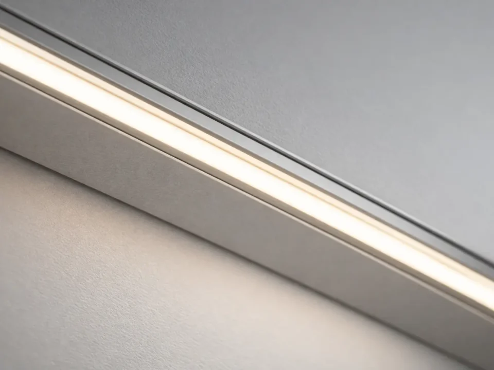 Close-up linear lighting installation showing a smooth, continuous line of light in an architectural channel