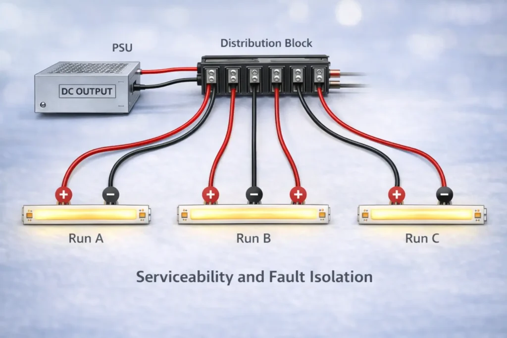 Multi-run parallel distribution diagram showing PSU feeding a distribution point, then multiple home-run outputs to separate COB strip runs, with polarity labels