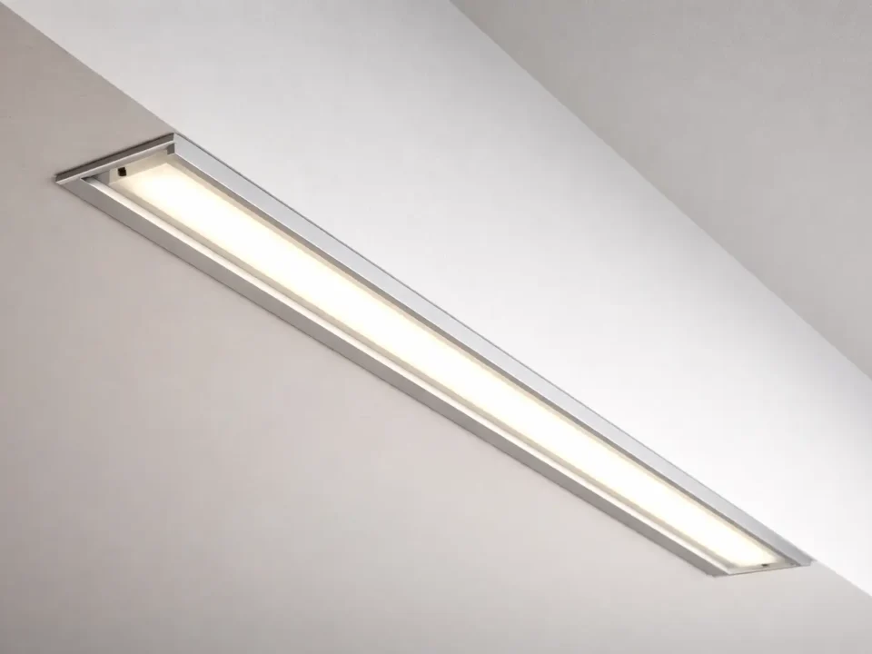 COB LED strip installed in an aluminum profile with an opal diffuser, forming a continuous line of light