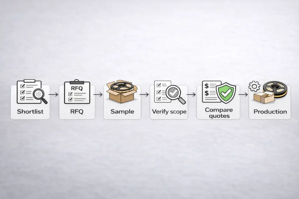 A simple procurement flow diagram: shortlist → RFQ → sample → verify scope → compare quotes → approve → production.