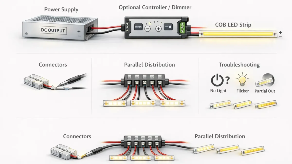 COB LED strip wiring overview with power supply, controller, connectors, and troubleshooting icons