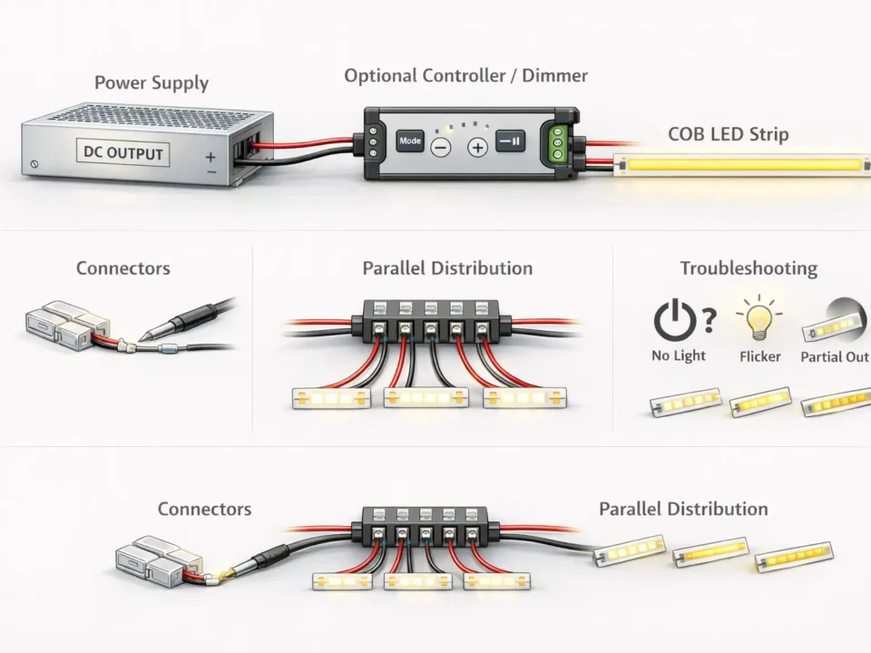 COB LED strip wiring overview with power supply, controller, connectors, and troubleshooting icons