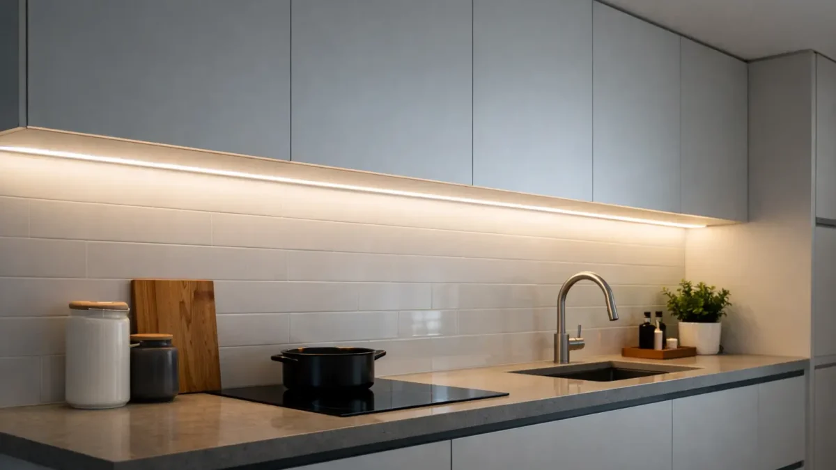 COB RGBW LED strip installed as a continuous line of light in a cove / under-cabinet application