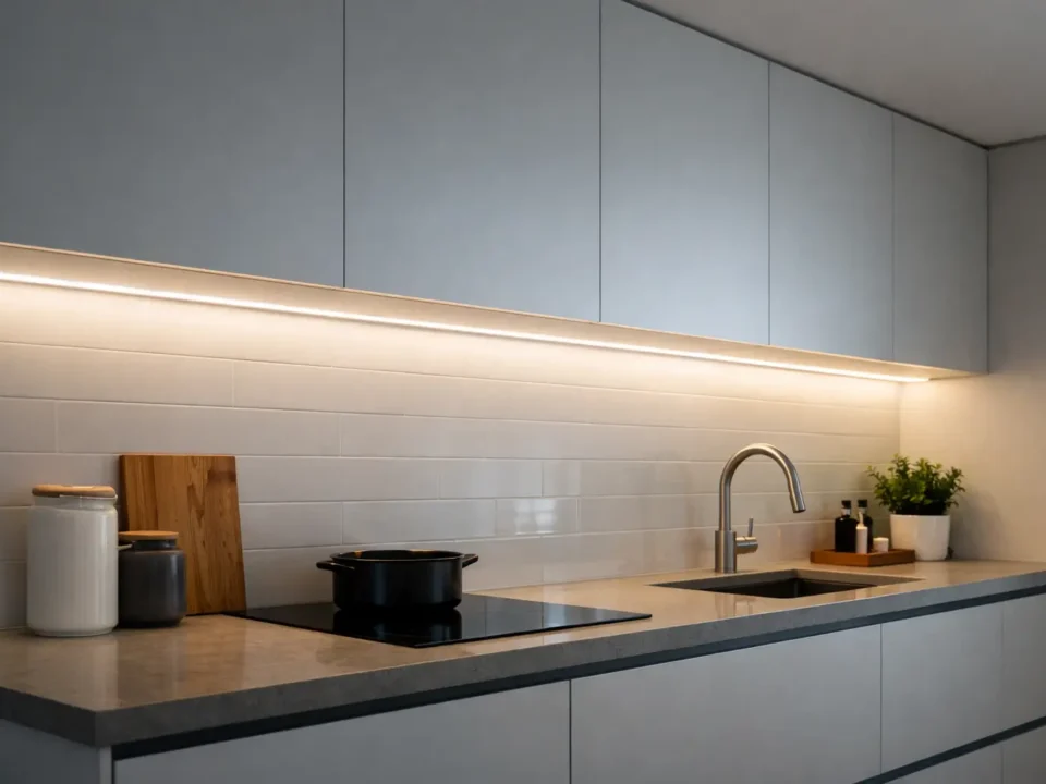 COB RGBW LED strip installed as a continuous line of light in a cove / under-cabinet application