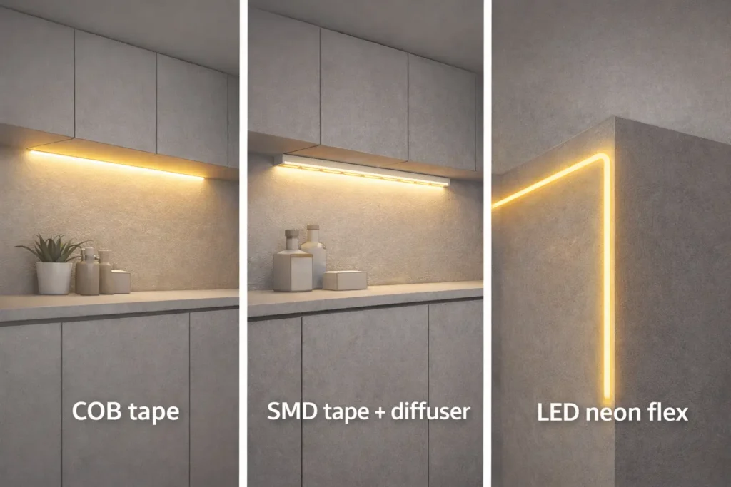 Diagram showing typical applications for COB tape, SMD tape with diffuser, and LED neon flex in architectural lighting