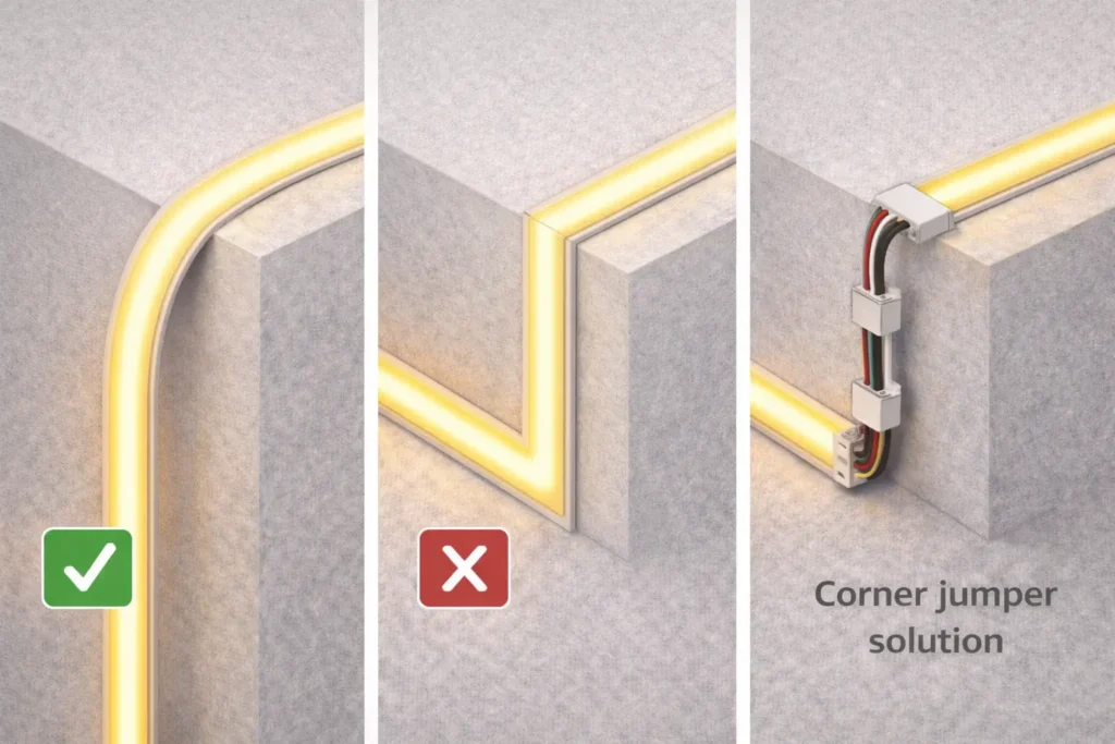 Visual showing correct gentle bends vs incorrect sharp folds for COB flexible LED strips, plus corner jumper approach