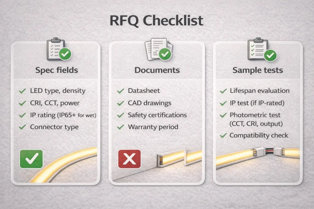 RFQ checklist infographic showing spec fields, required documents, and a simple sample test plan