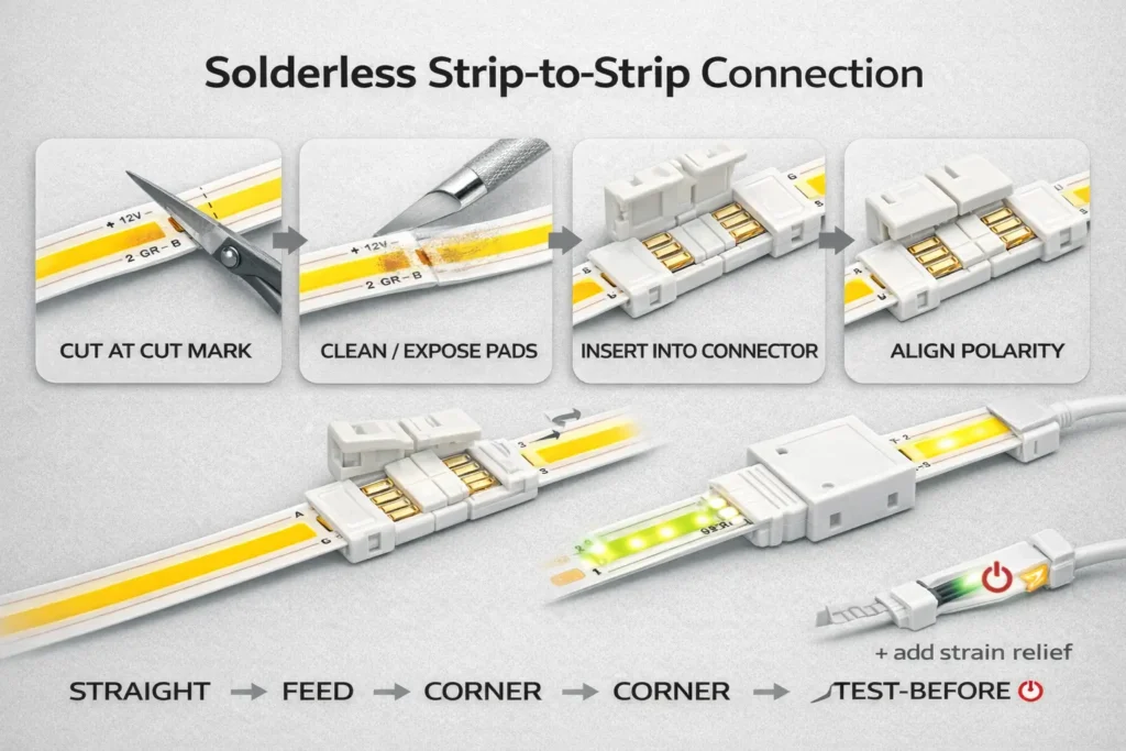 Step diagram for solderless strip-to-strip connection showing cut point, pad prep, insertion, clamp close, and test-before-mount