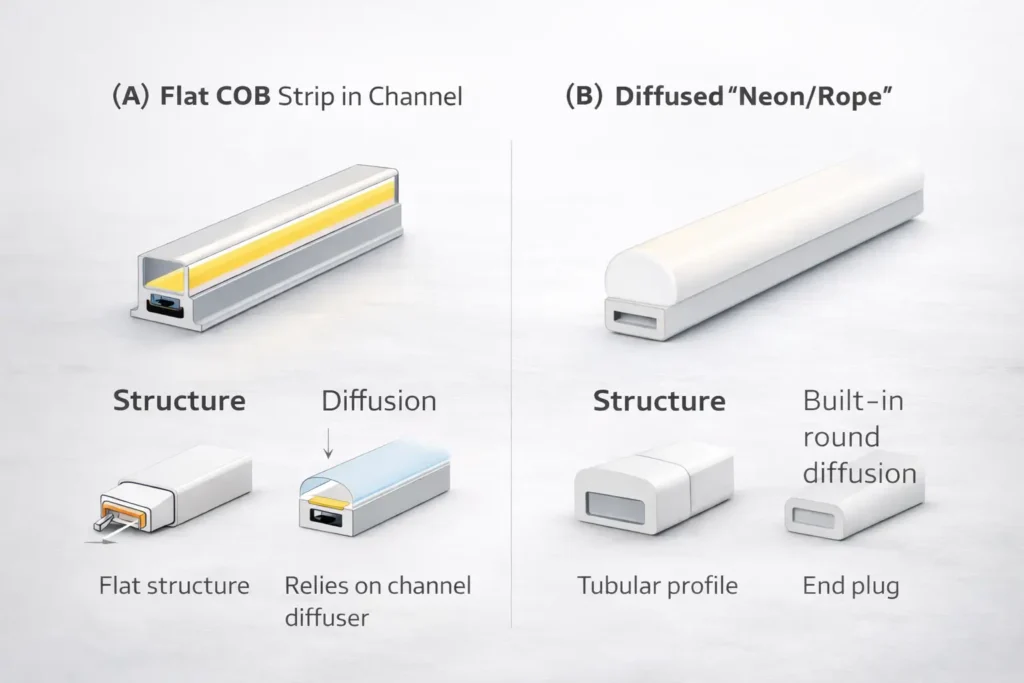 A simple visual comparison showing (A) a flat COB LED strip in an aluminum channel vs (B) a diffused “neon/rope” style product, highlighting structure and connector differences