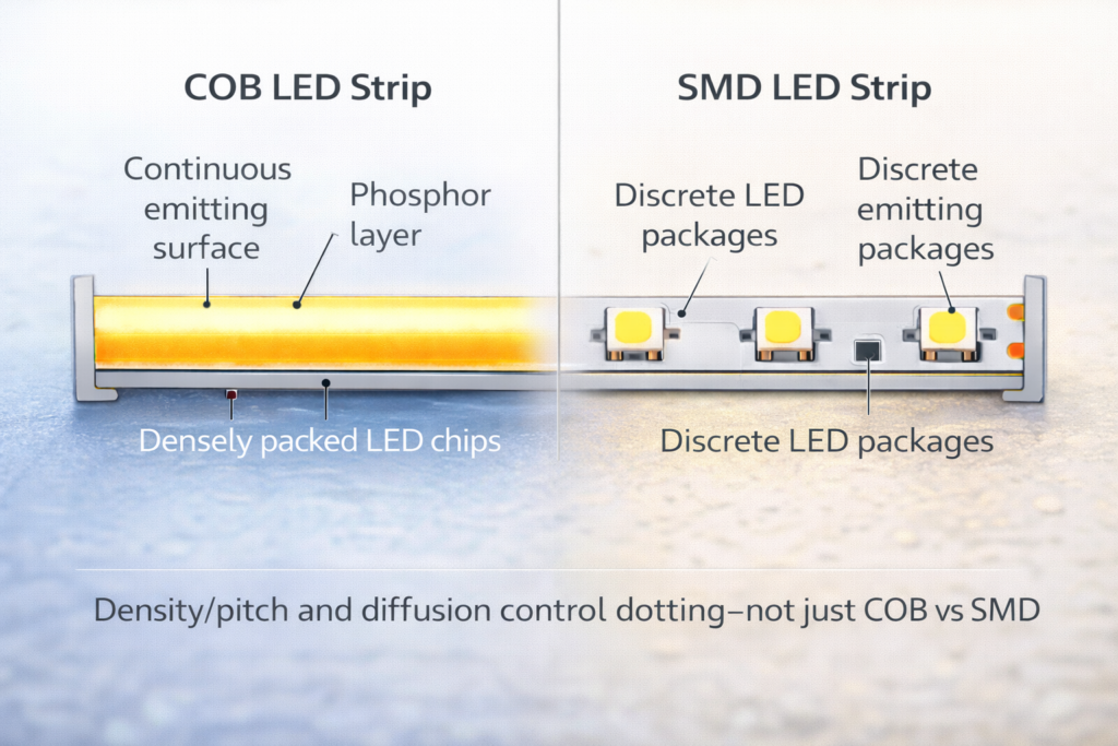 COB vs SMD LED strip construction schematic (strip/tape context)