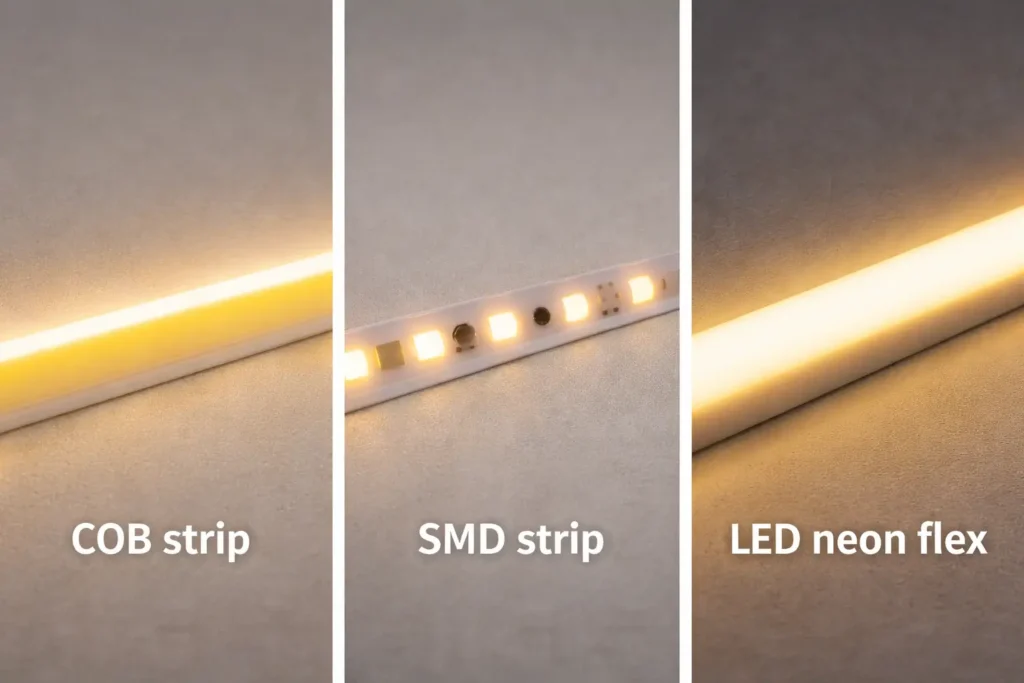 Close-up comparison of COB strip vs SMD strip vs LED neon flex showing perceived hotspotting and line-of-light uniformity