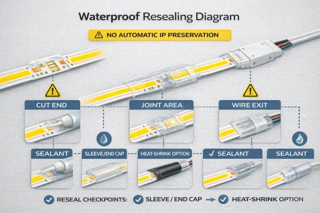 Waterproof resealing diagram highlighting pad exposure, sealant placement, and end/joint sealing checkpoints