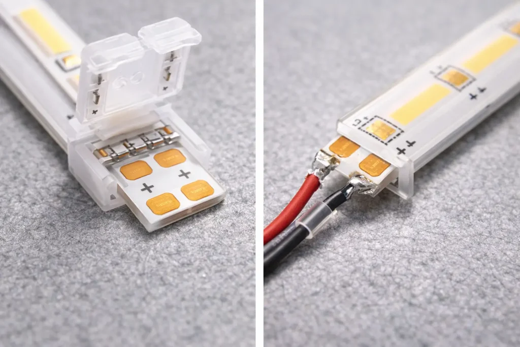 xample of a COB LED strip cut end with copper pads aligned to a solderless connector contact area; a second example showing a soldered pigtail lead with simple strain relief.
