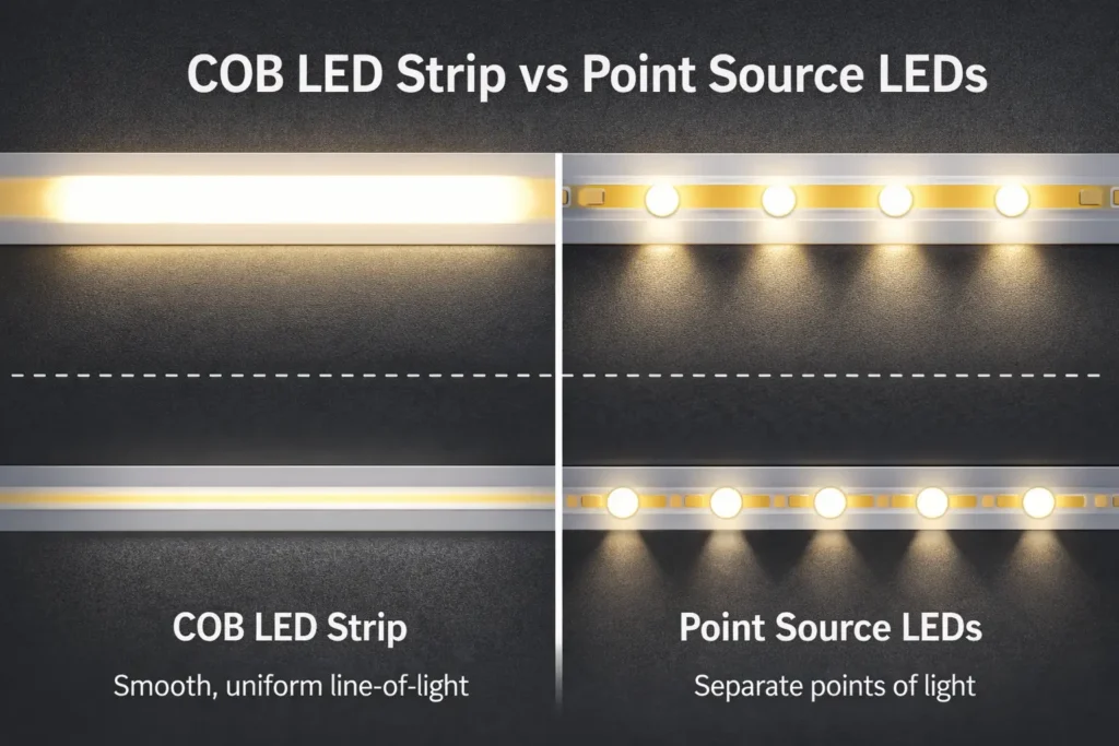Close-up concept illustration of COB LED strip producing a smooth, continuous line-of-light