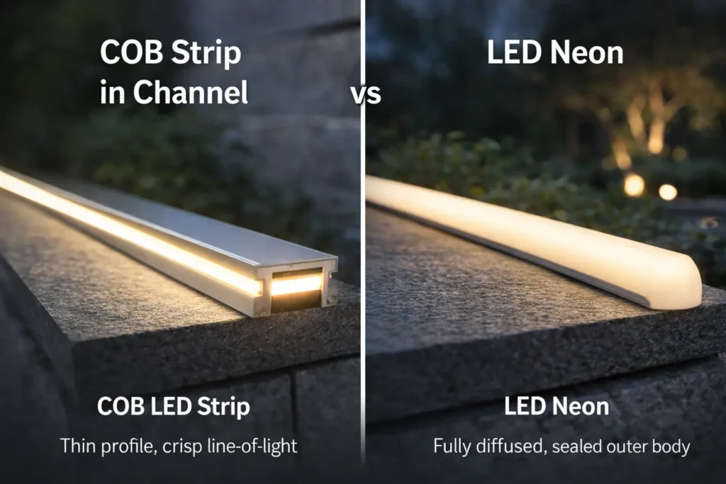 Comparison concept visual showing COB strip in channel vs LED neon as a sealed diffused form factor