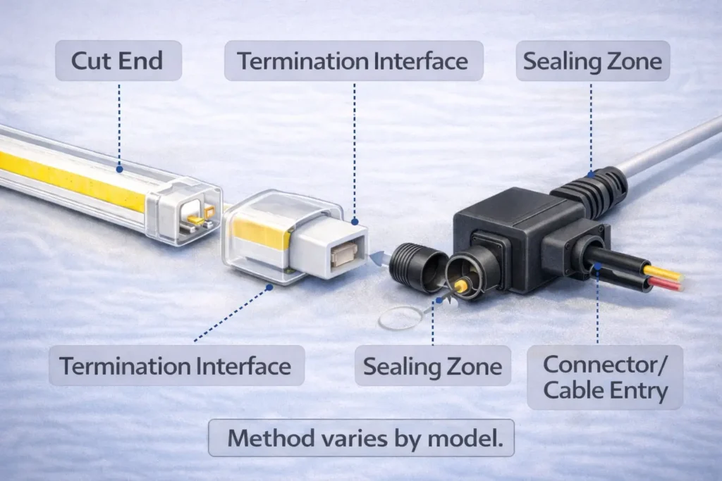  Cut-end resealing illustration showing cut point, termination, sealing location, connector/cable entry, and strain relief zone
