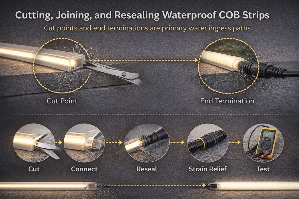 Concept diagram highlighting cut points and end terminations as primary water ingress paths, with reseal workflow icons"