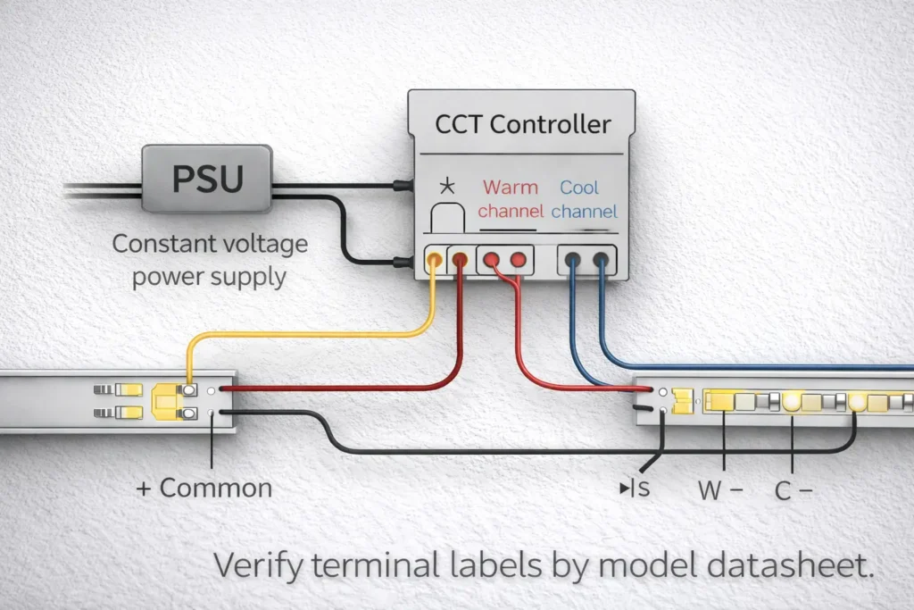 Model-agnostic wiring topology diagram — common positive plus warm and cool channel returns to a CCT controller (verify terminals by datasheet)