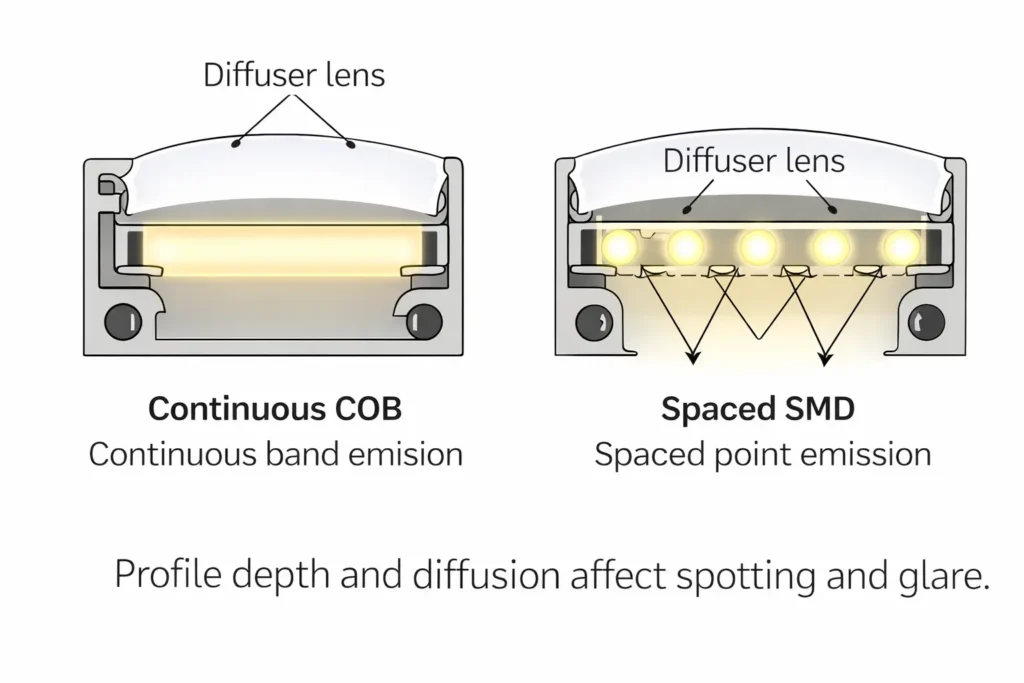 Diagram comparing COB continuous emission vs SMD spaced emitters inside a linear profile — shows how diffusion/profile depth affects spotting and glare