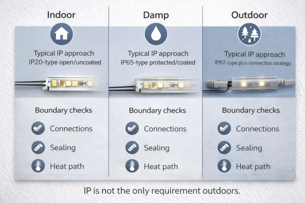 IP scenario map — indoor vs damp vs outdoor with icons highlighting connections, sealing, and heat path as boundary checks