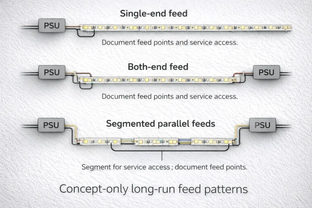 Concept-only long-run feed patterns — single-end feed vs both-end feed vs segmented parallel feeds (with serviceability notes)