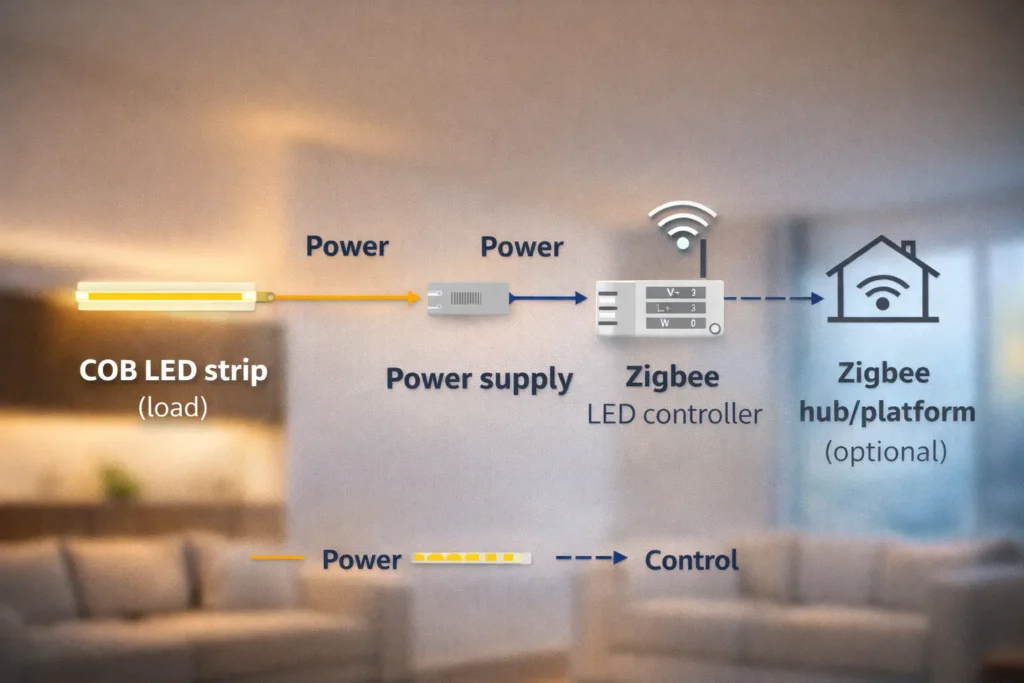 Simple system diagram showing COB LED strip + power supply + Zigbee controller + Zigbee hub/platform