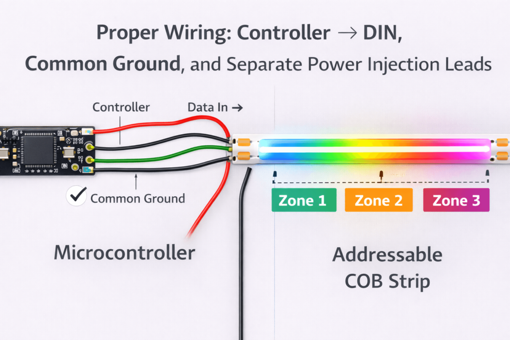 Wiring diagram showing controller → DIN (data direction arrow), common ground, and separate power injection leads