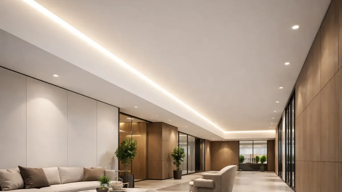 A clean commercial linear lighting scene illustrating a continuous “dotless” COB light line in an architectural setting