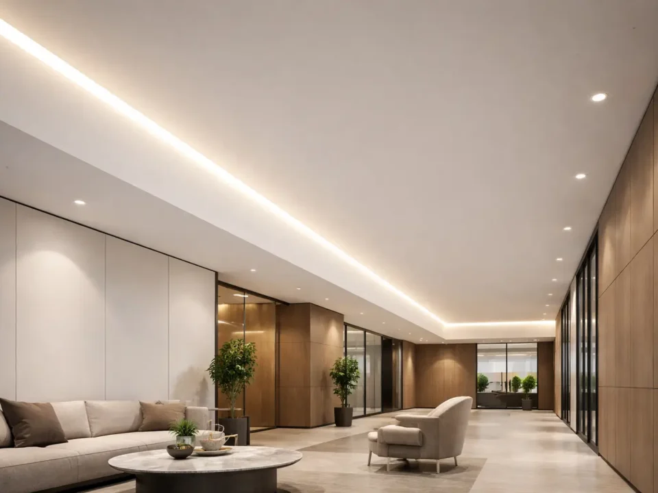A clean commercial linear lighting scene illustrating a continuous “dotless” COB light line in an architectural setting