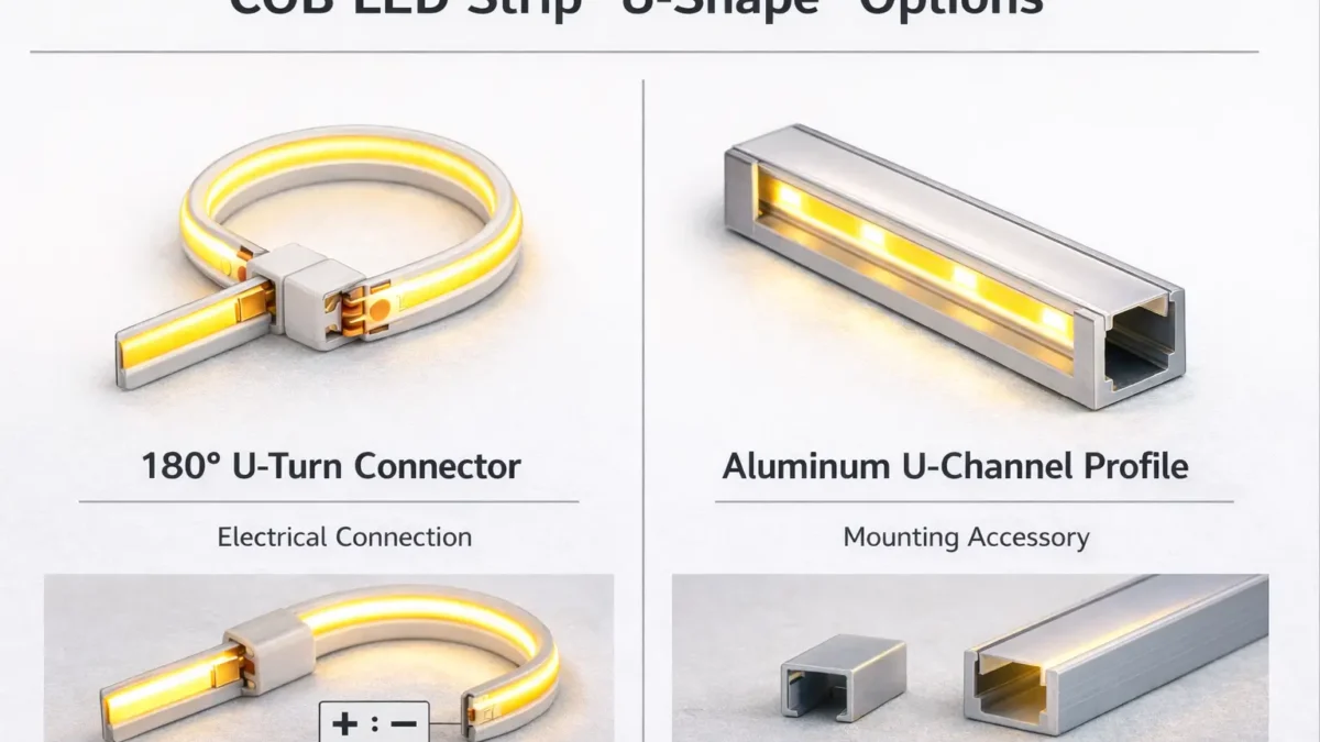 COB LED strip “U-shape” connector guide cover showing U-turn routing vs U-channel profile