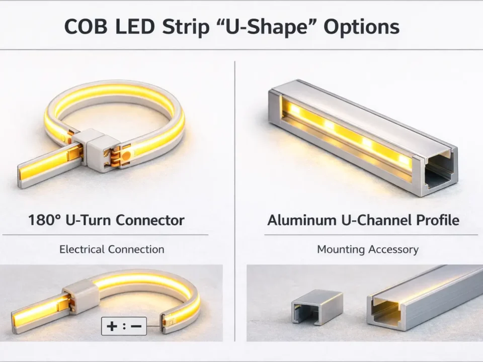 COB LED strip “U-shape” connector guide cover showing U-turn routing vs U-channel profile
