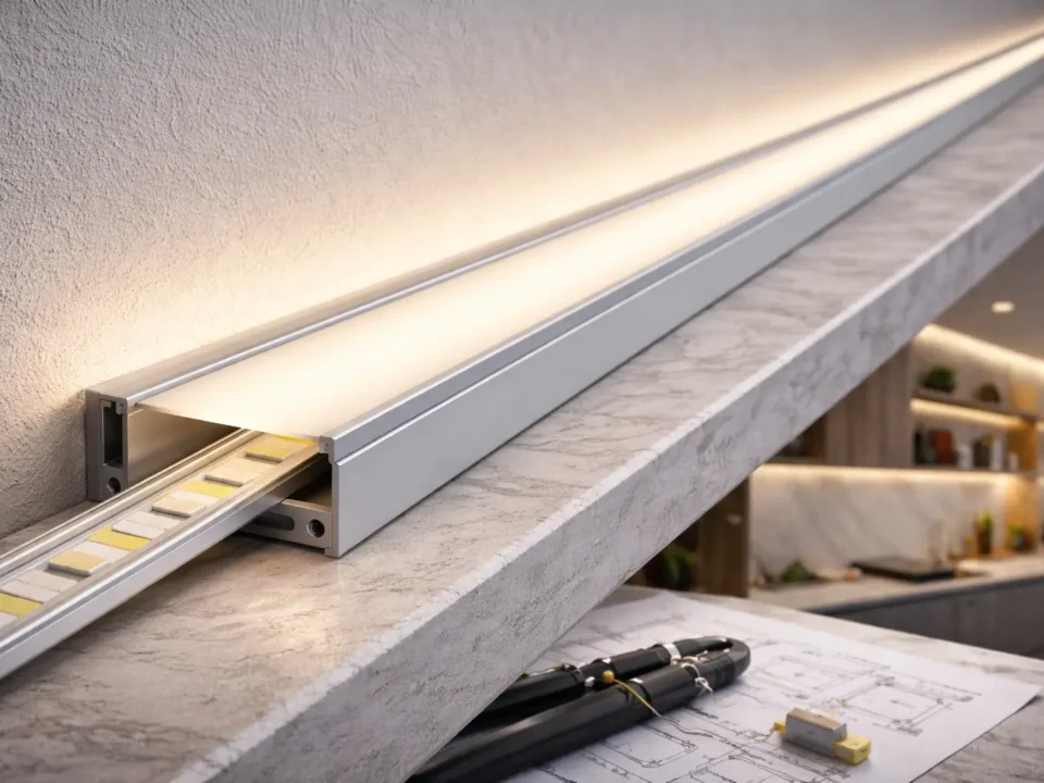 Tunable white (CCT) COB LED strip concept in an architectural linear profile — uniform line of light, project-ready context