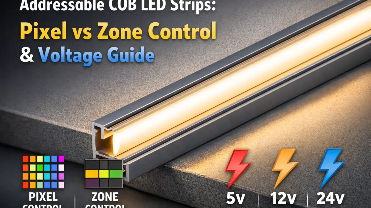 Close-up of an illuminated COB addressable LED strip showing a smooth, dotless light line installed in an architectural channel