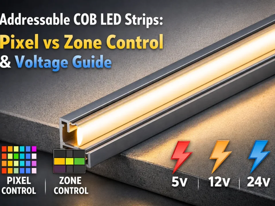Close-up of an illuminated COB addressable LED strip showing a smooth, dotless light line installed in an architectural channel