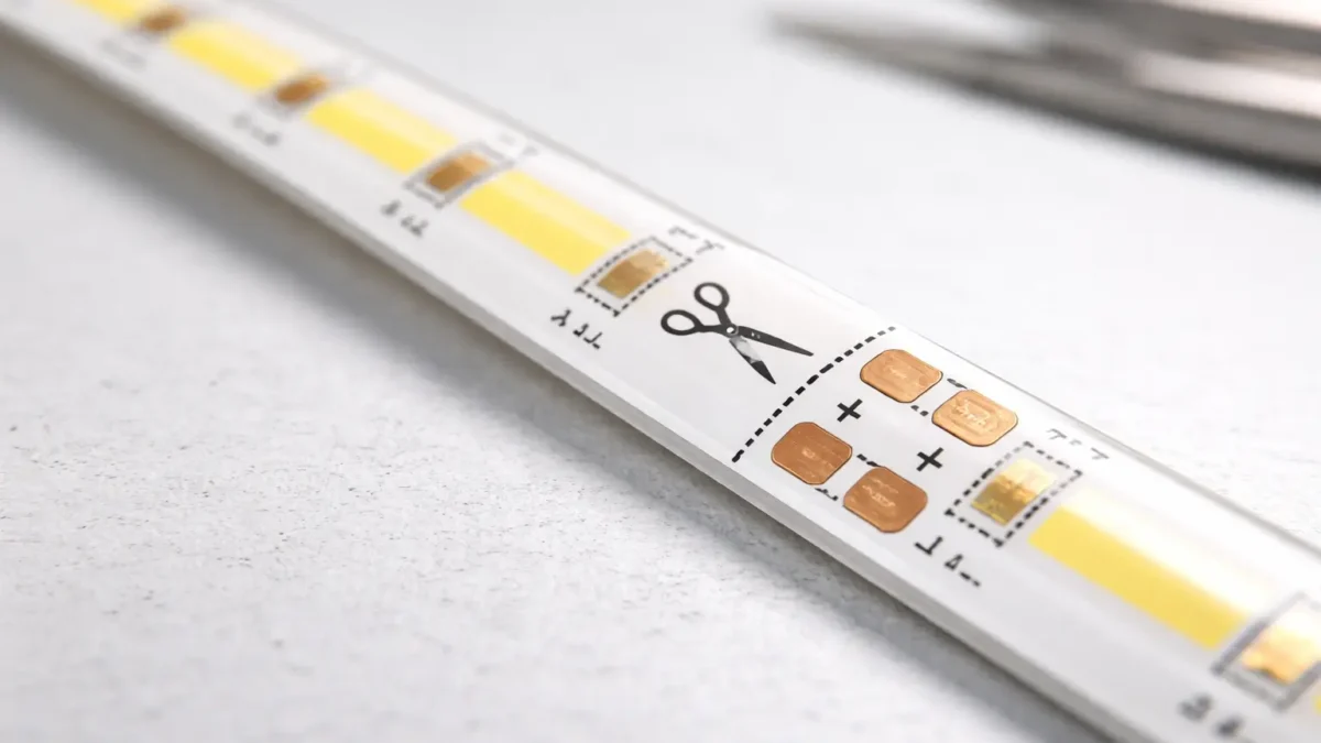 Close-up of a COB LED strip showing a marked cut line, scissor icon, and copper pads used for cutting and reconnection.