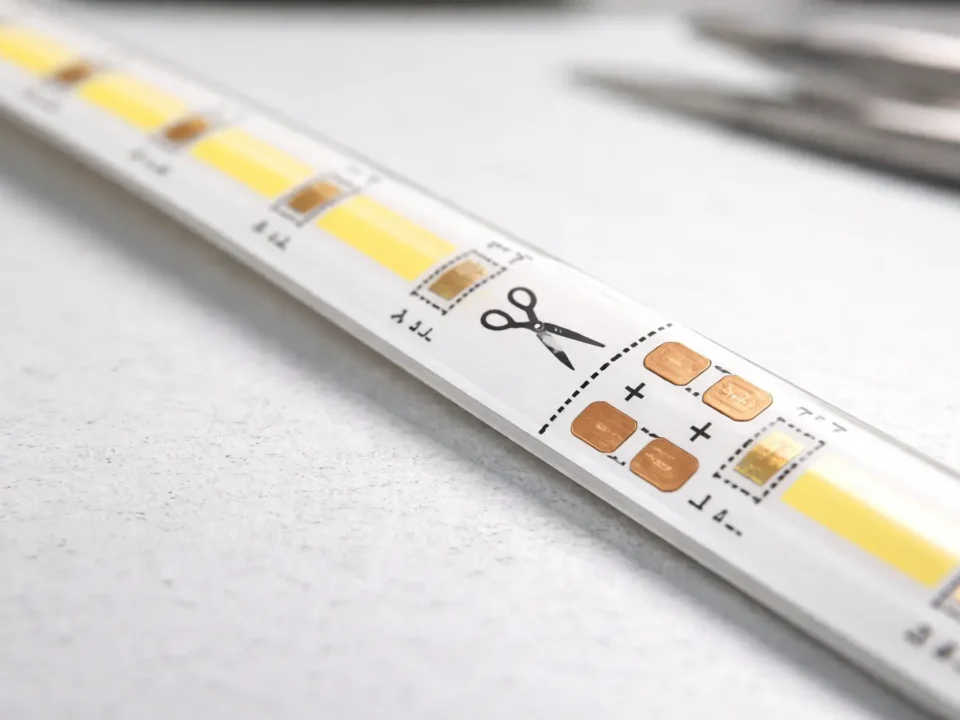 Close-up of a COB LED strip showing a marked cut line, scissor icon, and copper pads used for cutting and reconnection.