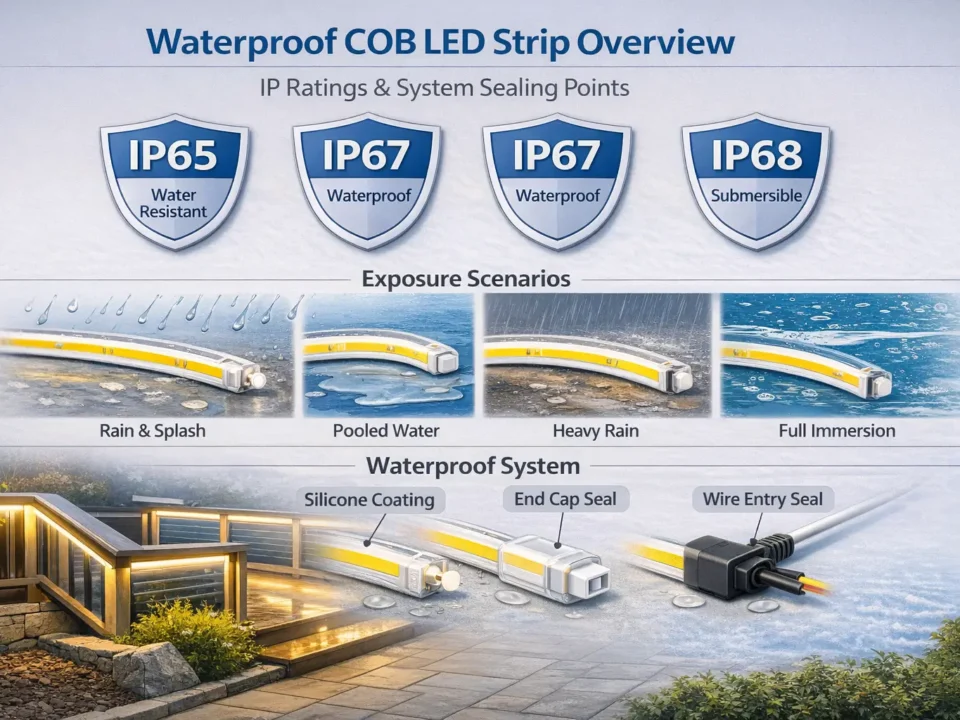 Waterproof COB LED strip selection overview—IP ratings, system sealing points, and outdoor install context