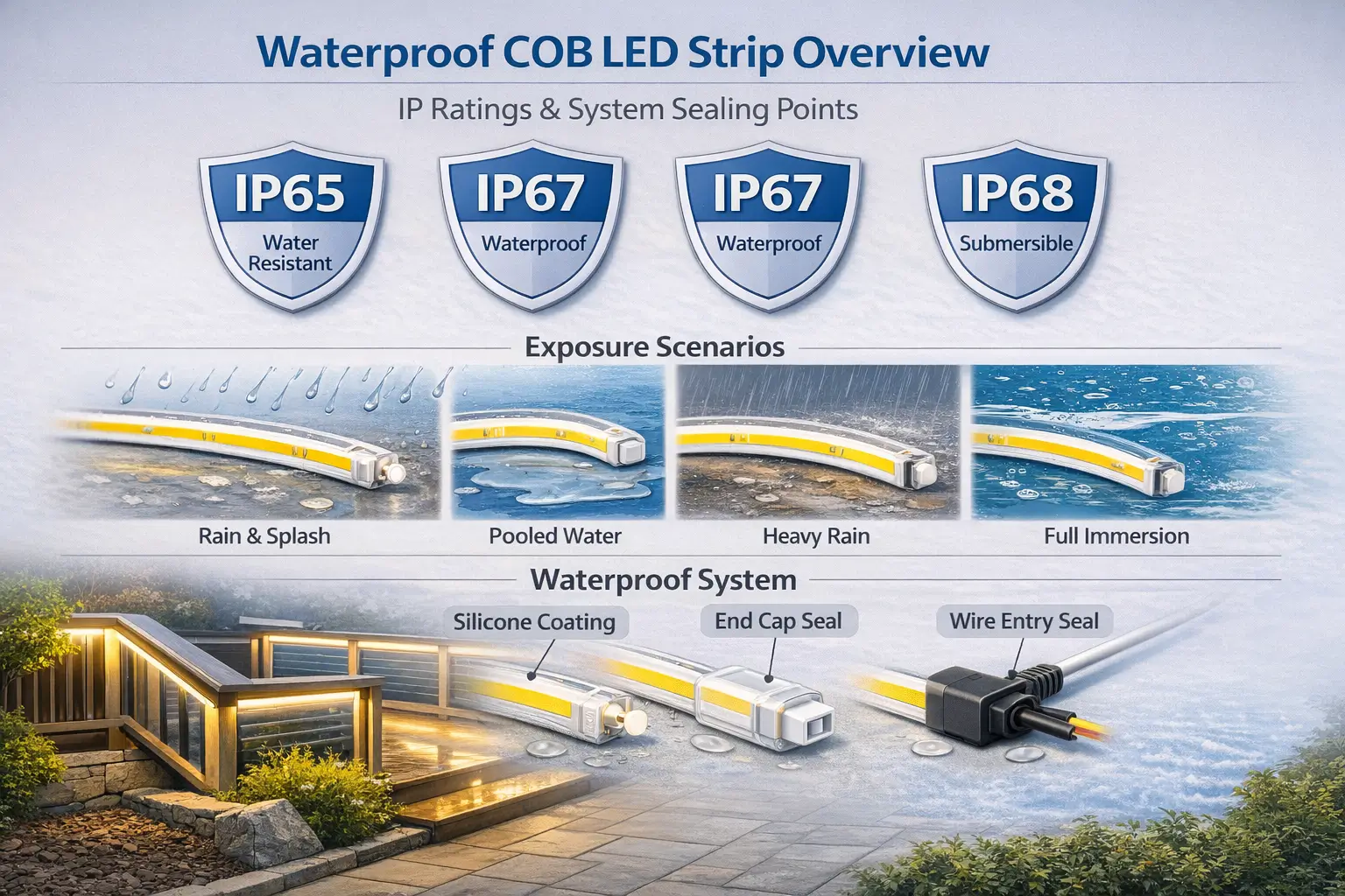 Waterproof COB LED Strip Guide: IP65 vs IP67 vs IP68