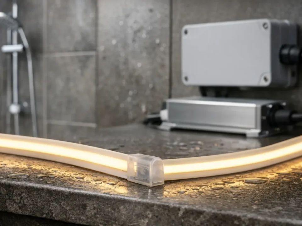 Waterproof COB LED strip installation concept in a wet-area project setting (B2B/contractor perspective)