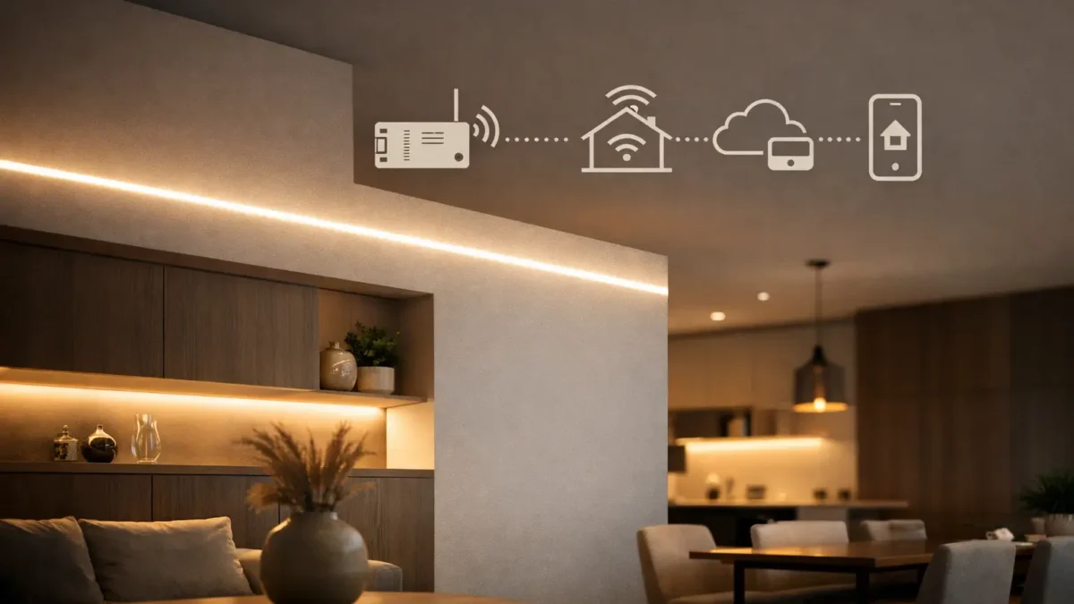 A clean architectural line-light installation using COB LED strips with a smart control ecosystem concept