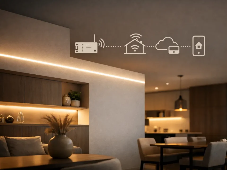 A clean architectural line-light installation using COB LED strips with a smart control ecosystem concept