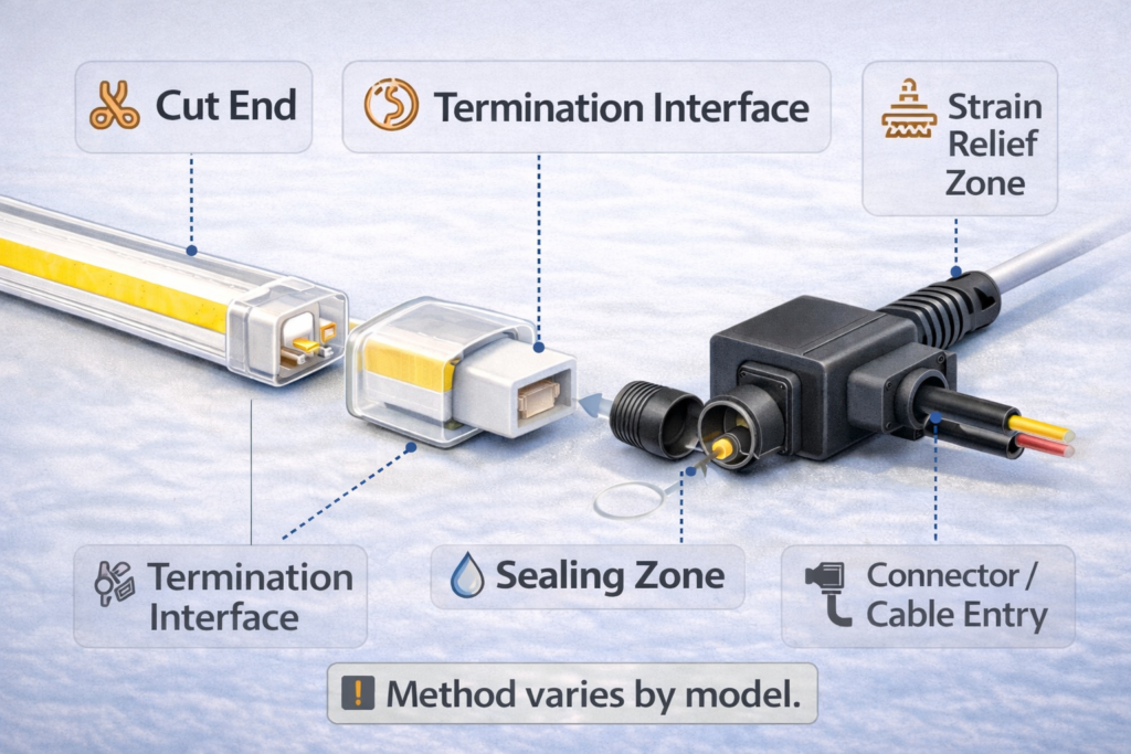 System map of water-ingress points—ends, cuts, connectors, cable entries, and driver/controller enclosures