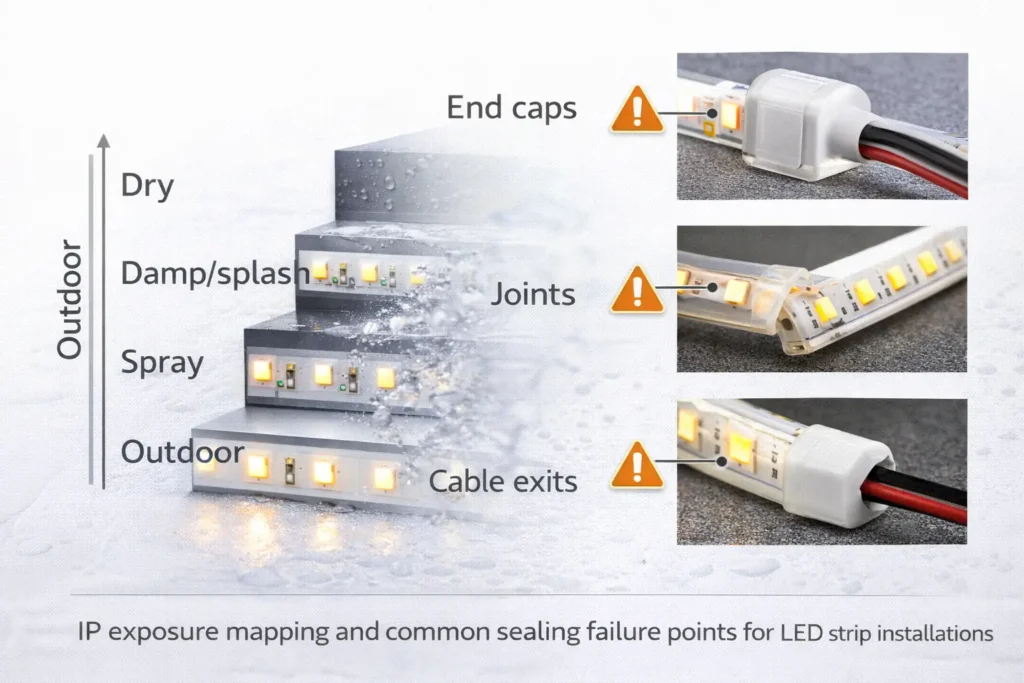 P exposure mapping and common sealing failure points for LED strip installations