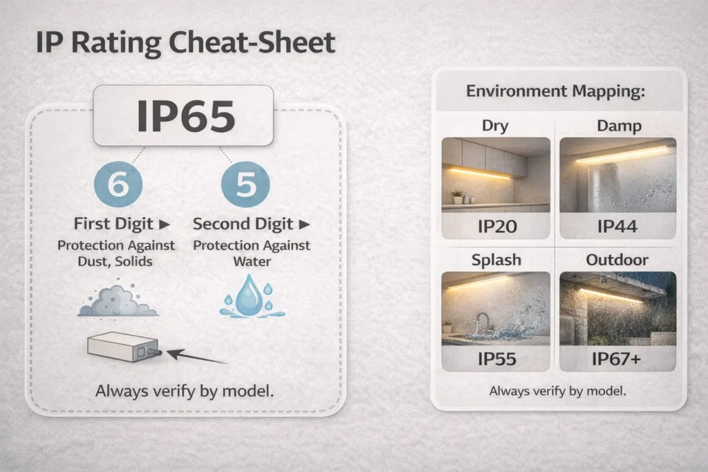 IP rating cheat-sheet visual explaining the two digits and mapping common environments to selection logic