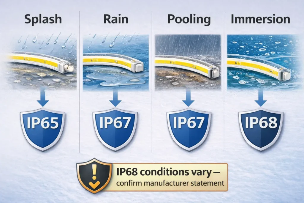 Simple infographic showing “splash vs rain vs pooling vs immersion” mapped to IP65/IP67/IP68 with a “verify manufacturer conditions” note