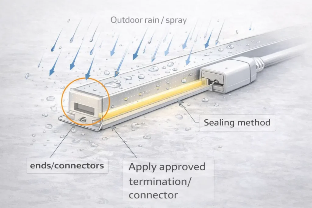A field-oriented visual showing outdoor exposure factors and highlighting that ends/connectors are common ingress points