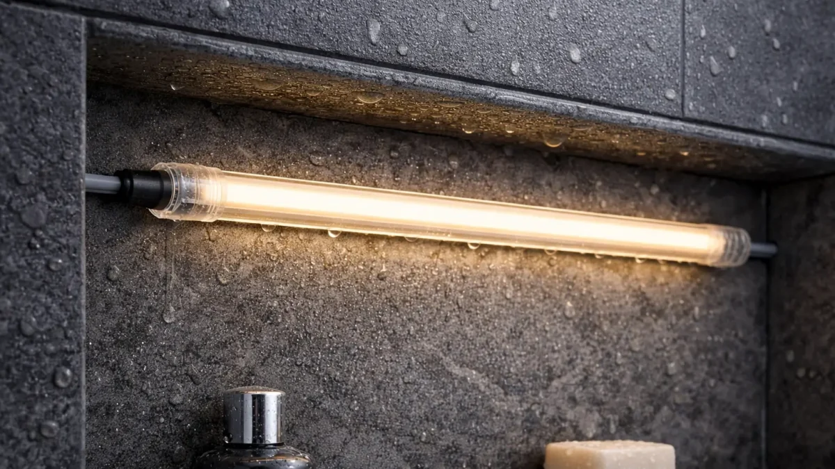 IP67 COB LED strip in a wet-area project with sealed ends, protected cable exits, and enclosed power/control gear