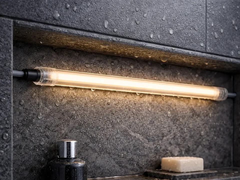 IP67 COB LED strip in a wet-area project with sealed ends, protected cable exits, and enclosed power/control gear