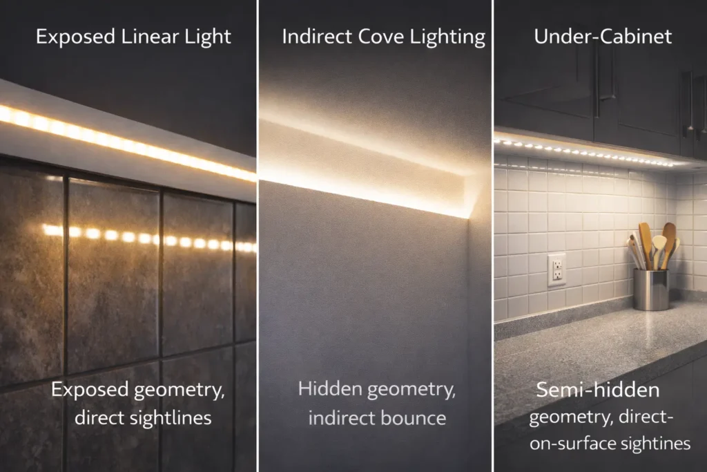Application examples for exposed linear, cove, and under-cabinet LED strip lighting 